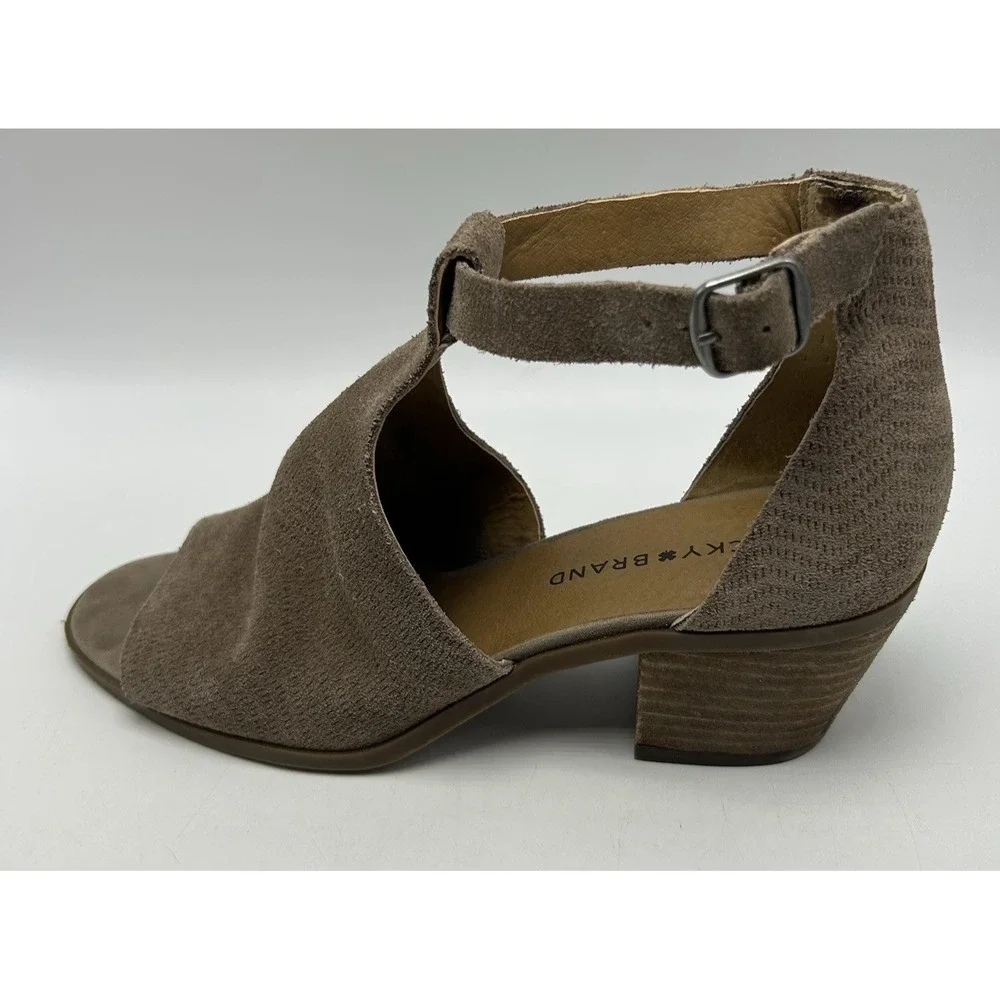 Lucky Brand Sandals Womens 9 M Tan Suede Cutout Open Toe Block Heels Beige
